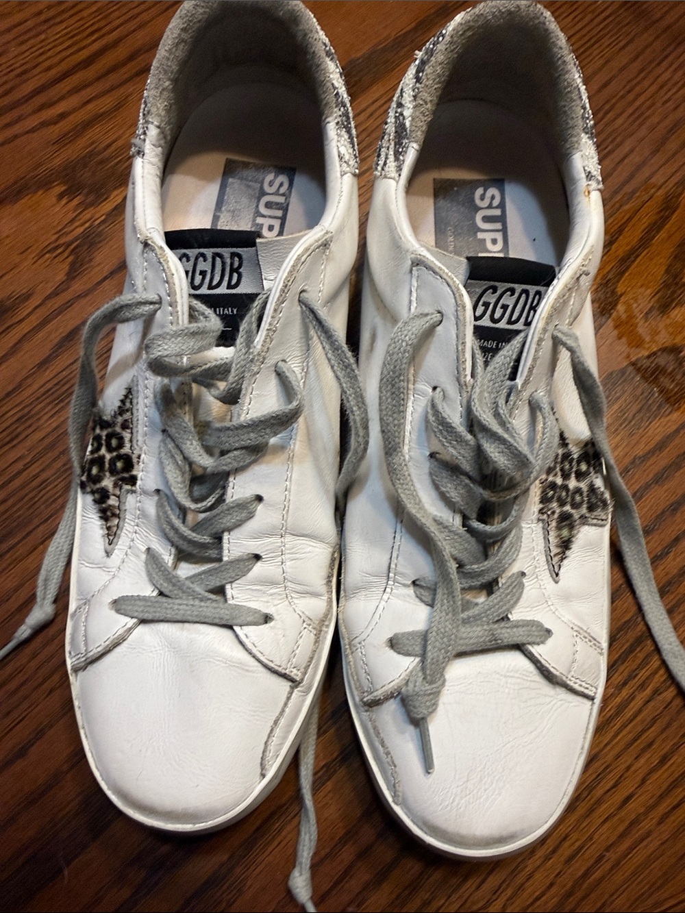 Golden Goose White Leather Sneakers with Leopard Star Accent